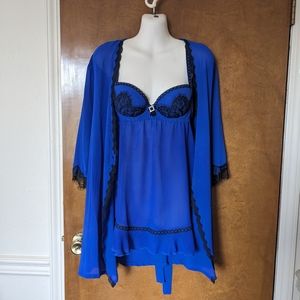 Seductive Wear by Cinema Etoile Blue Sheer Black Lace Nightie Lingerie Robe Set